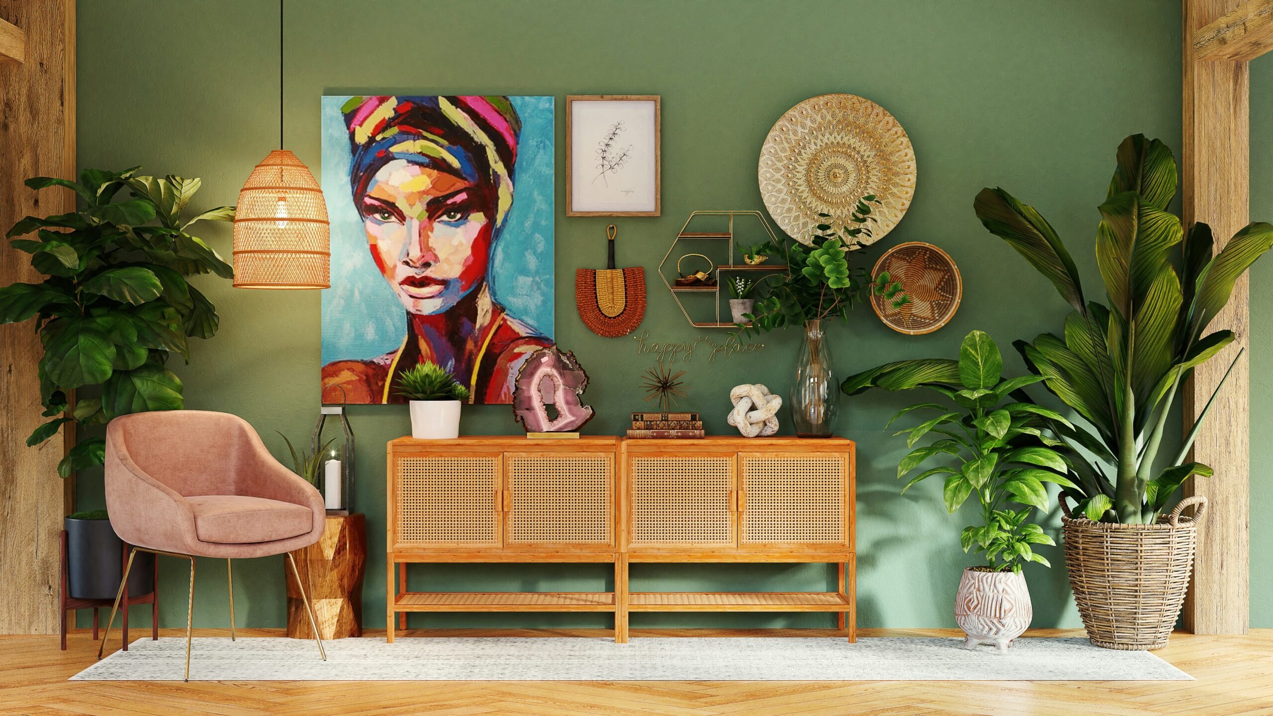 Wohzimmer im Stil einer tropischen Oase mit viel Grün